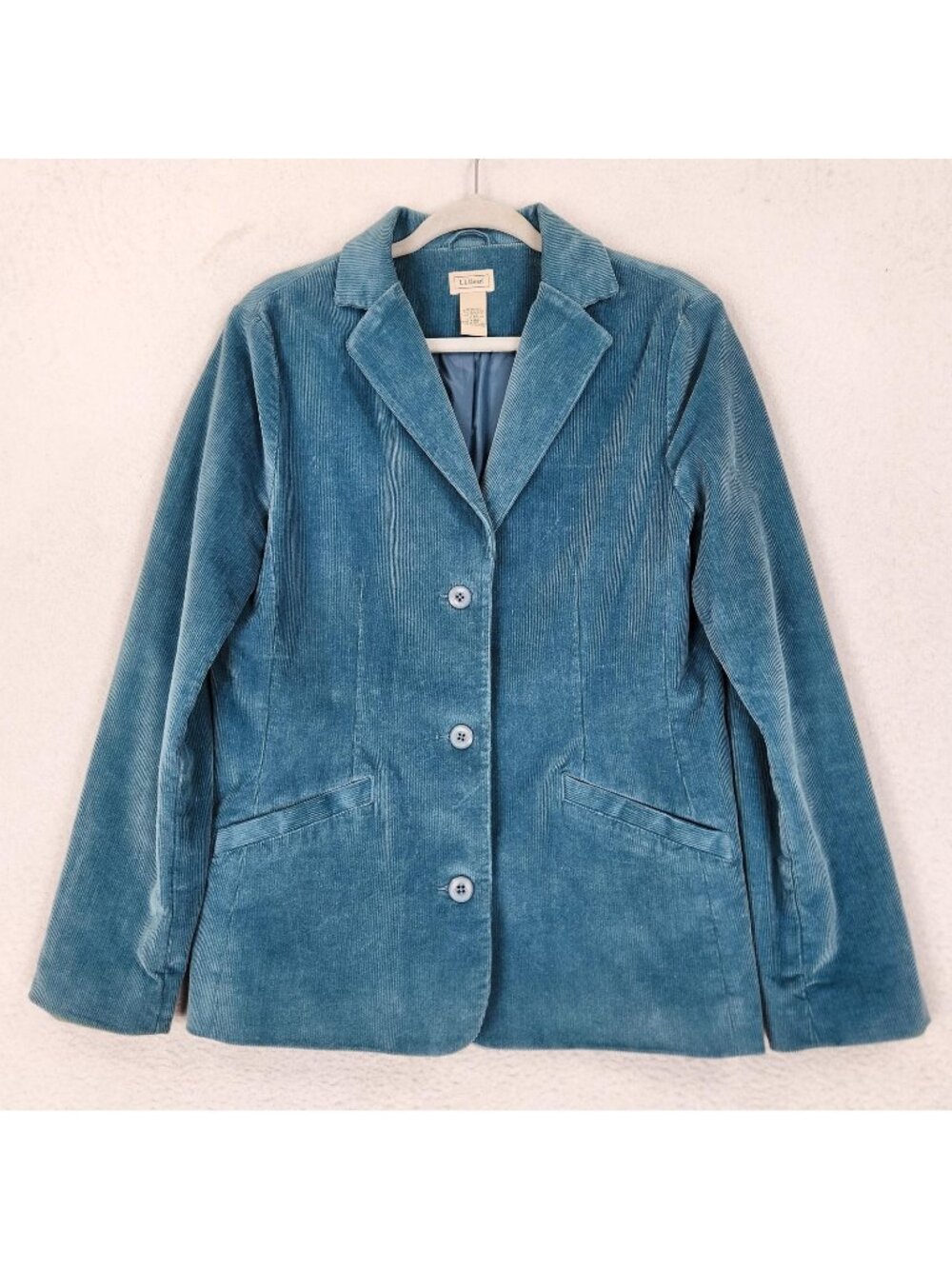 LL Bean Jacket Womens 10 Blue Corduroy Three Button Lined Long Line Blazer